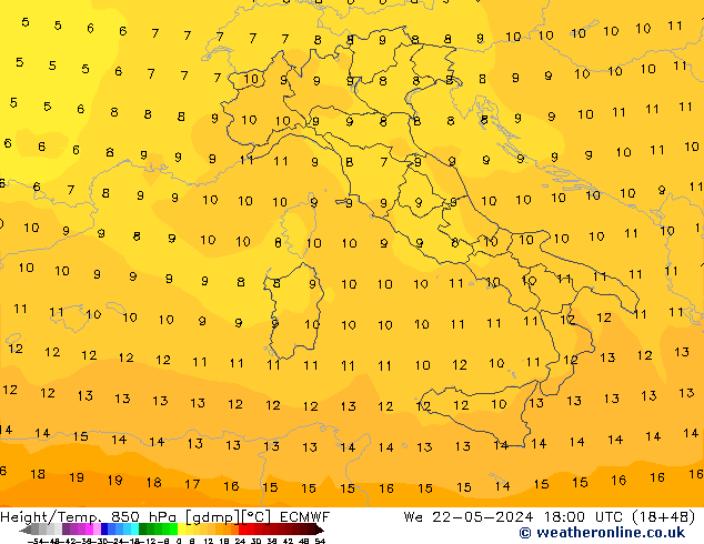 Height/Temp. 850 hPa ECMWF We 22.05.2024 18 UTC