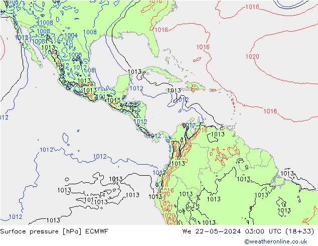 pressão do solo ECMWF Qua 22.05.2024 03 UTC