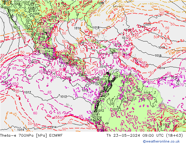 Theta-e 700hPa ECMWF Čt 23.05.2024 09 UTC