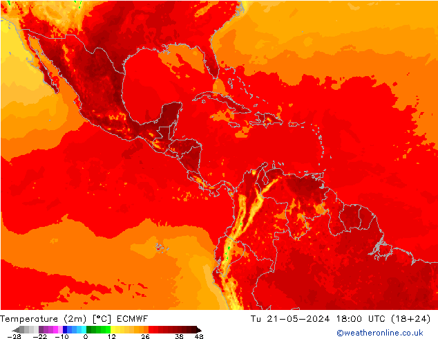 mapa temperatury (2m) ECMWF wto. 21.05.2024 18 UTC
