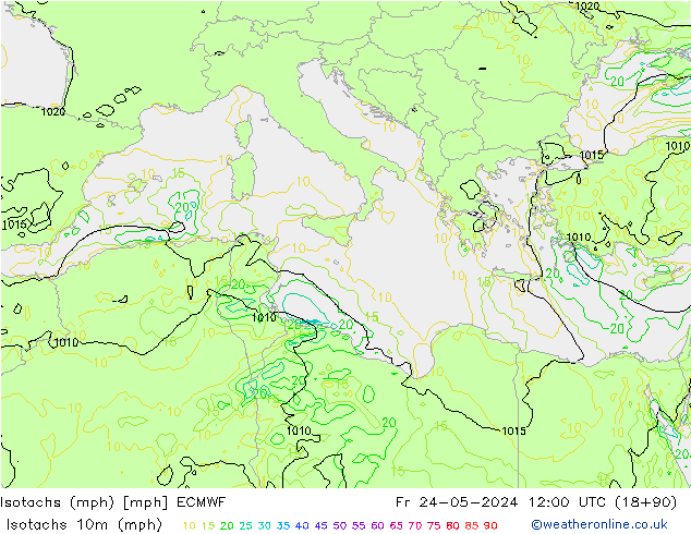 Isotachs (mph) ECMWF ven 24.05.2024 12 UTC