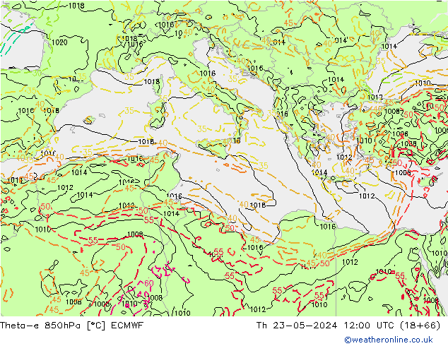 Theta-e 850hPa ECMWF Čt 23.05.2024 12 UTC