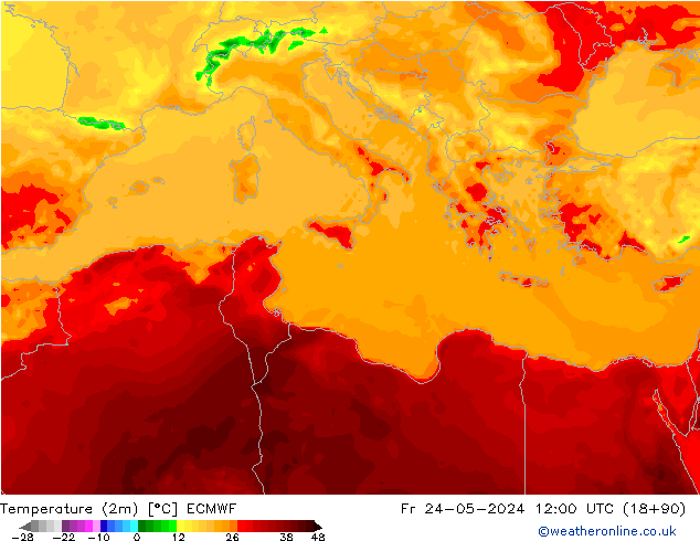 Temperature (2m) ECMWF Pá 24.05.2024 12 UTC