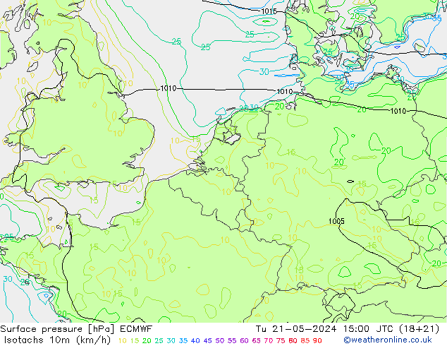 Isotachen (km/h) ECMWF Di 21.05.2024 15 UTC