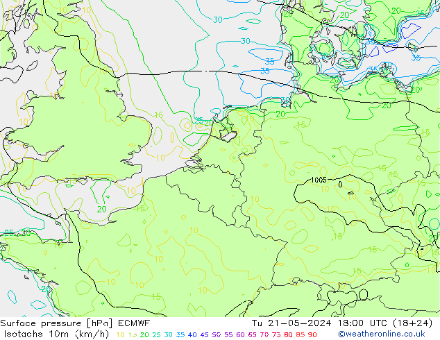 Isotachs (kph) ECMWF Tu 21.05.2024 18 UTC