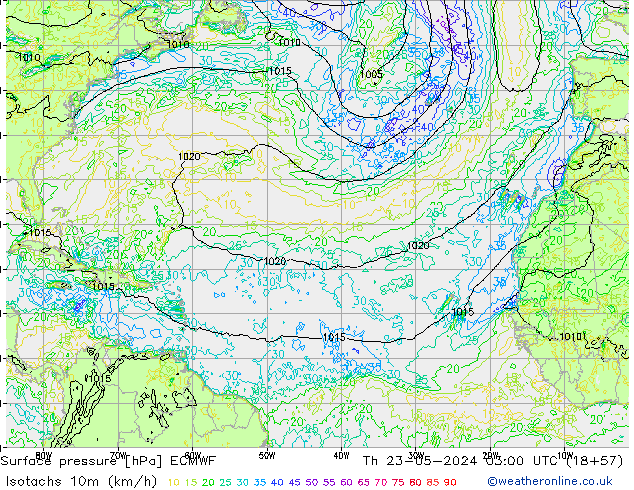 Isotachen (km/h) ECMWF Do 23.05.2024 03 UTC