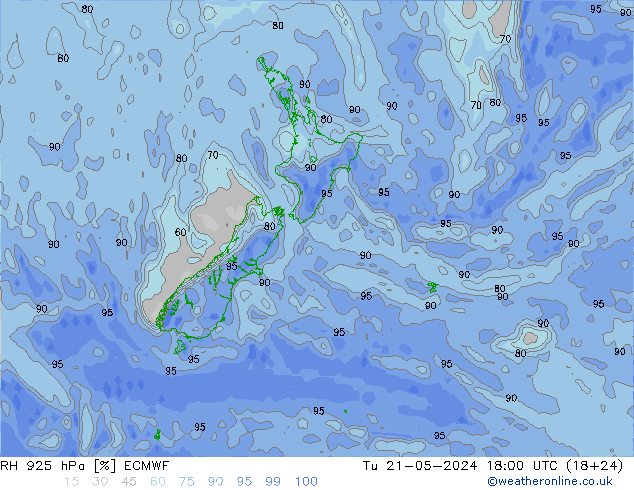 RH 925 hPa ECMWF Út 21.05.2024 18 UTC