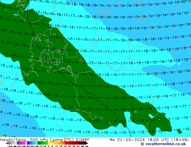 Z500/Rain (+SLP)/Z850 ECMWF Mi 22.05.2024 18 UTC