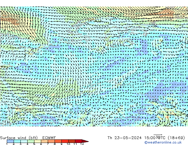 Vento 10 m (bft) ECMWF gio 23.05.2024 15 UTC