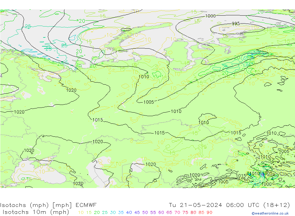 Izotacha (mph) ECMWF wto. 21.05.2024 06 UTC