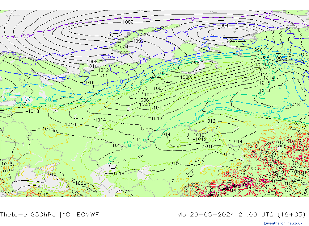 Theta-e 850гПа ECMWF пн 20.05.2024 21 UTC