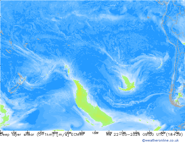 Deep layer shear (0-1km) ECMWF mié 22.05.2024 09 UTC