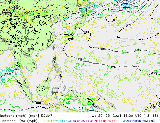 Isotachen (mph) ECMWF wo 22.05.2024 18 UTC