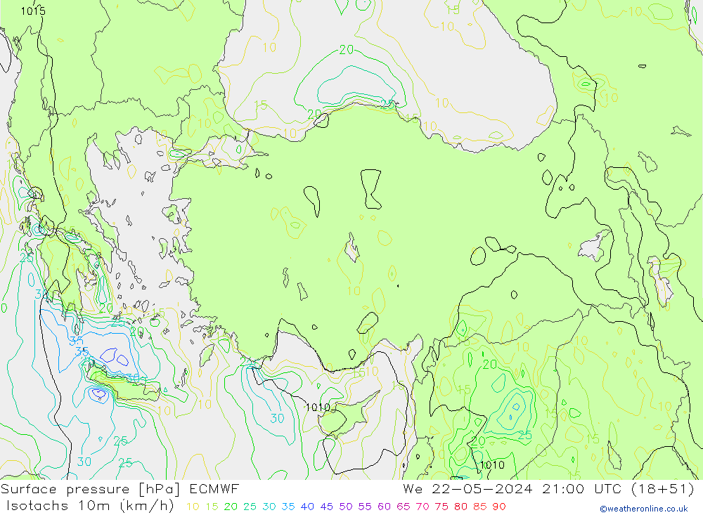Eşrüzgar Hızları (km/sa) ECMWF Çar 22.05.2024 21 UTC