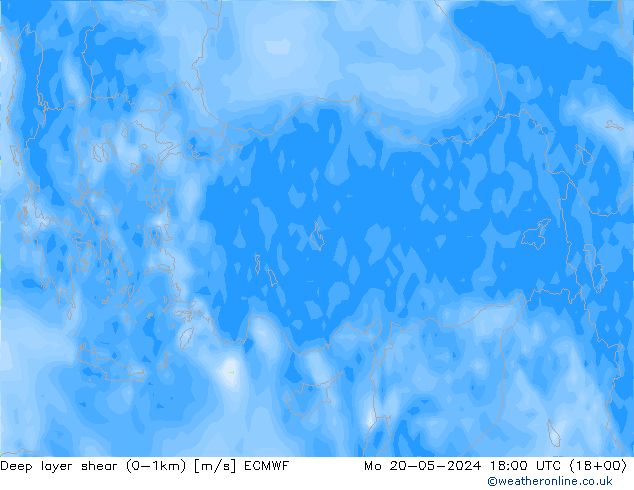 Deep layer shear (0-1km) ECMWF pon. 20.05.2024 18 UTC