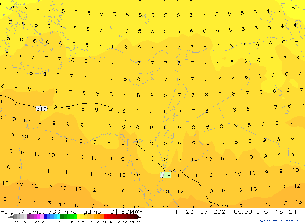 Height/Temp. 700 hPa ECMWF Th 23.05.2024 00 UTC