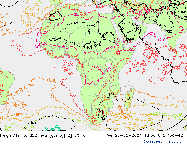 Hoogte/Temp. 850 hPa ECMWF wo 22.05.2024 18 UTC