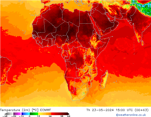 Temperatuurkaart (2m) ECMWF do 23.05.2024 15 UTC