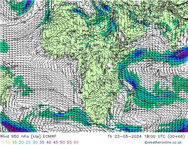 Wind 950 hPa ECMWF do 23.05.2024 18 UTC