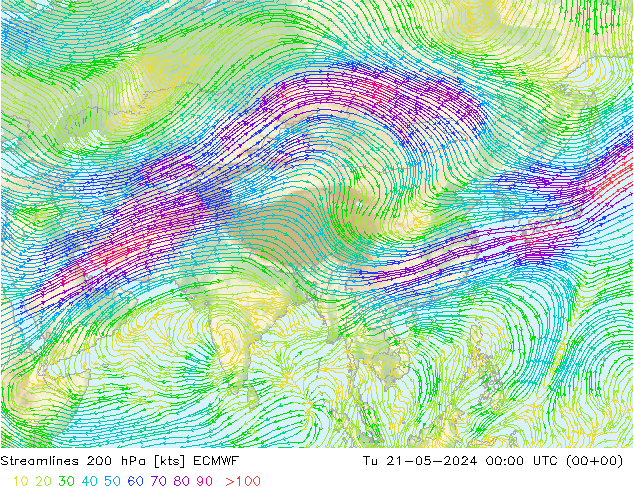 Linea di flusso 200 hPa ECMWF mar 21.05.2024 00 UTC