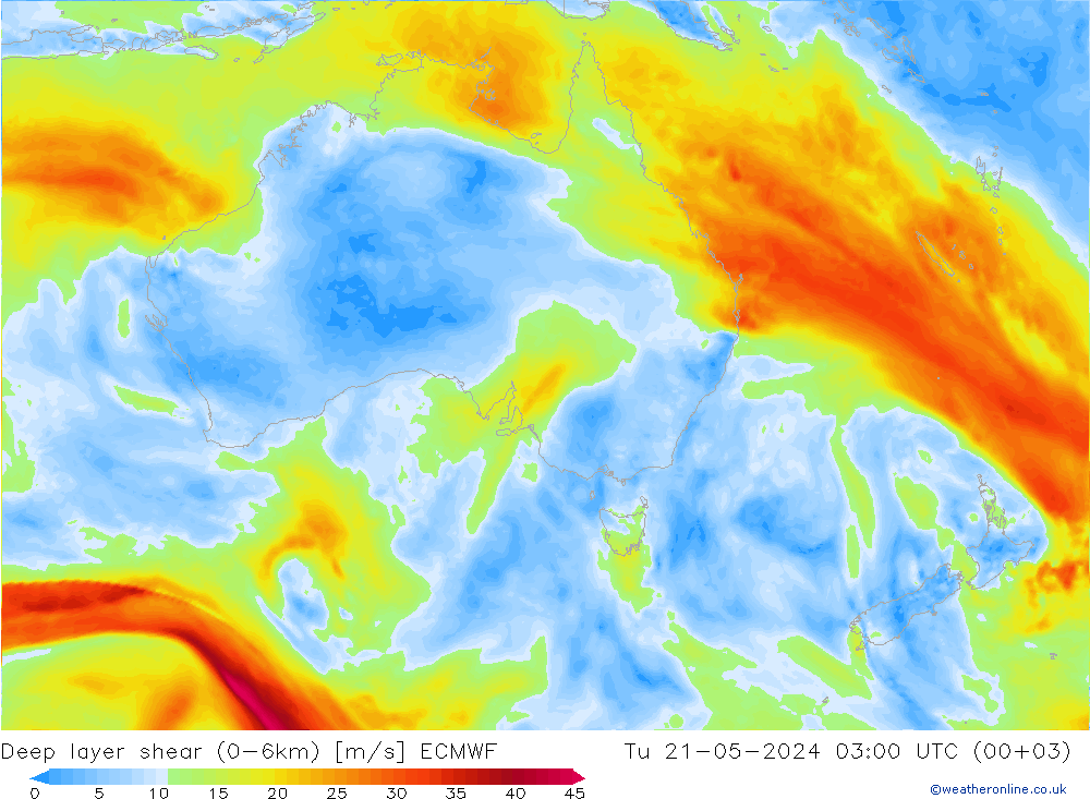 Deep layer shear (0-6km) ECMWF Tu 21.05.2024 03 UTC