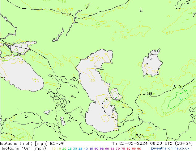 Isotachs (mph) ECMWF чт 23.05.2024 06 UTC