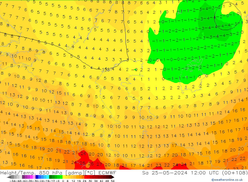 Yükseklik/Sıc. 850 hPa ECMWF Cts 25.05.2024 12 UTC