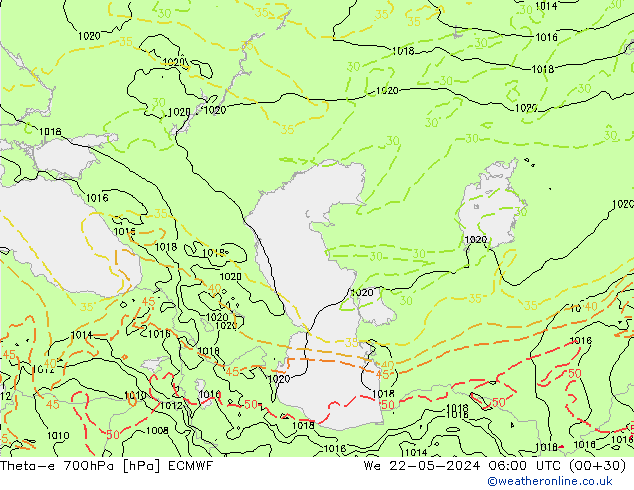 Theta-e 700hPa ECMWF Çar 22.05.2024 06 UTC