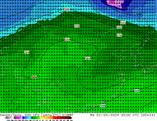 Z500/Rain (+SLP)/Z850 ECMWF 星期三 22.05.2024 00 UTC
