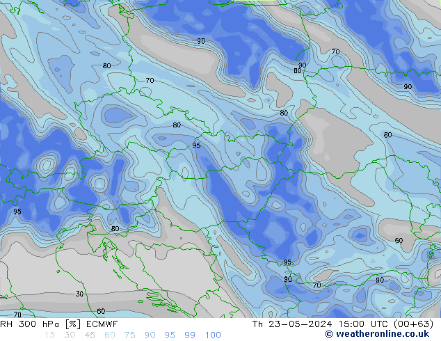 Humidité rel. 300 hPa ECMWF jeu 23.05.2024 15 UTC