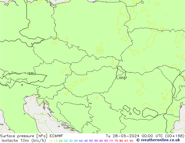 Isotachs (kph) ECMWF mar 28.05.2024 00 UTC