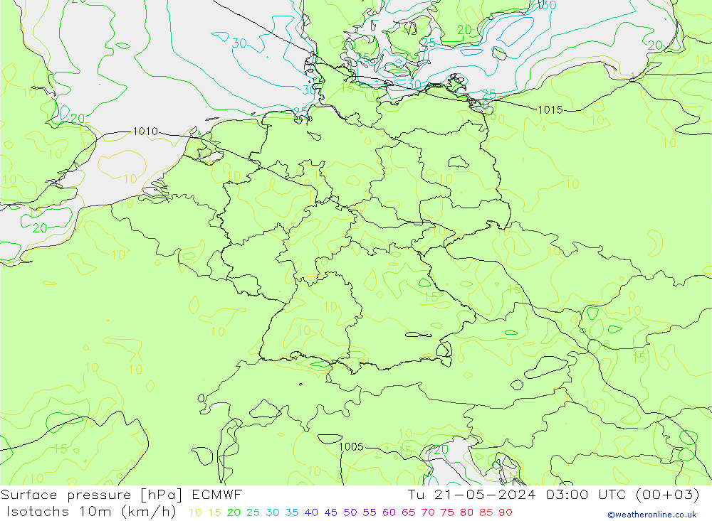 Eşrüzgar Hızları (km/sa) ECMWF Sa 21.05.2024 03 UTC