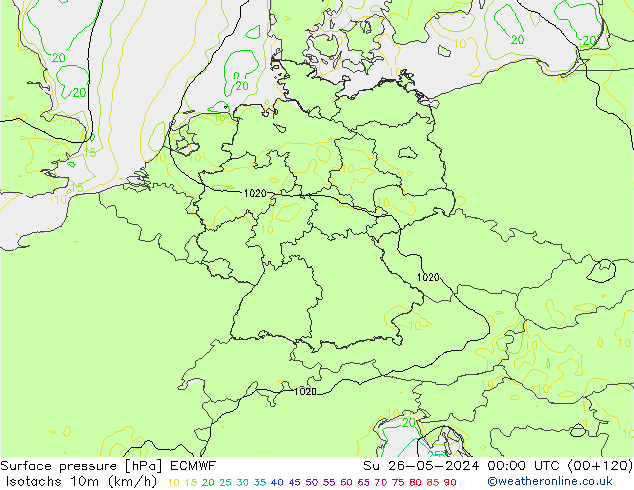 Isotachen (km/h) ECMWF So 26.05.2024 00 UTC