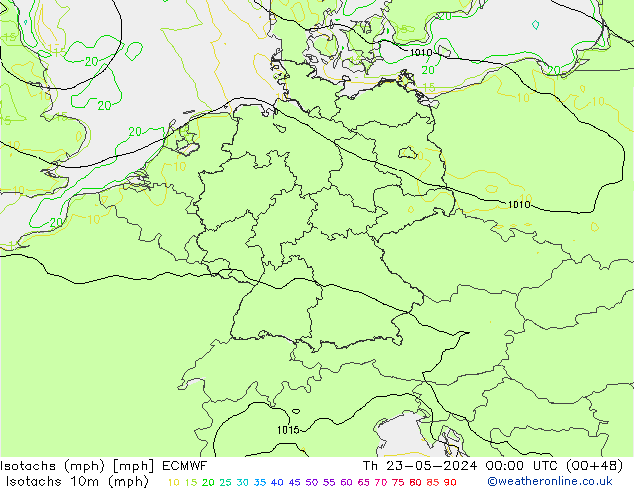 Isotachen (mph) ECMWF Do 23.05.2024 00 UTC