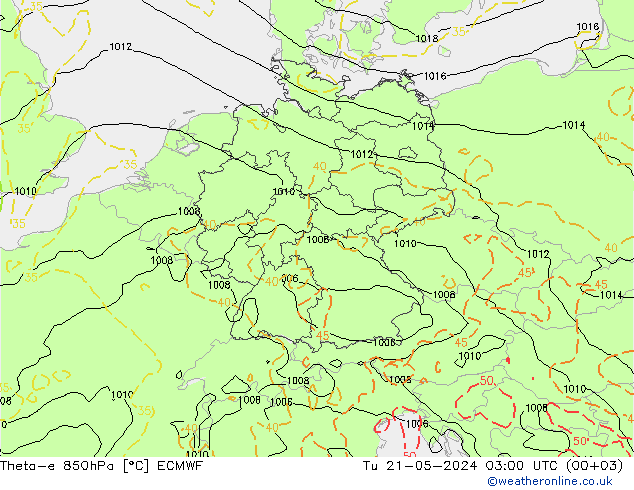 Theta-e 850hPa ECMWF Di 21.05.2024 03 UTC