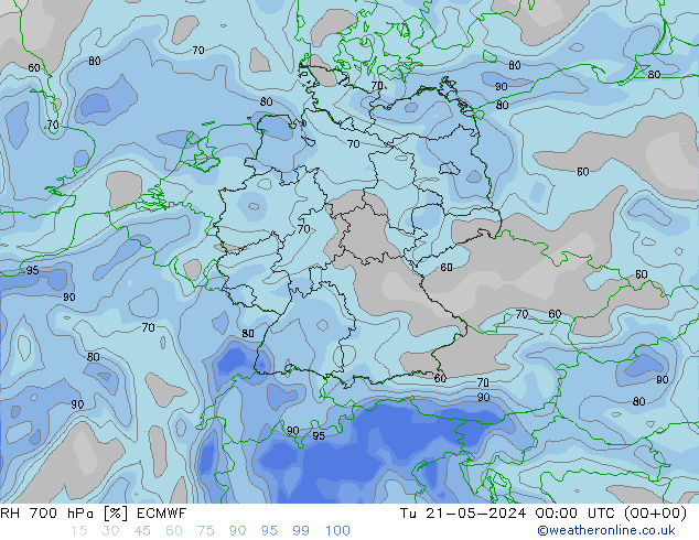 RH 700 hPa ECMWF 星期二 21.05.2024 00 UTC