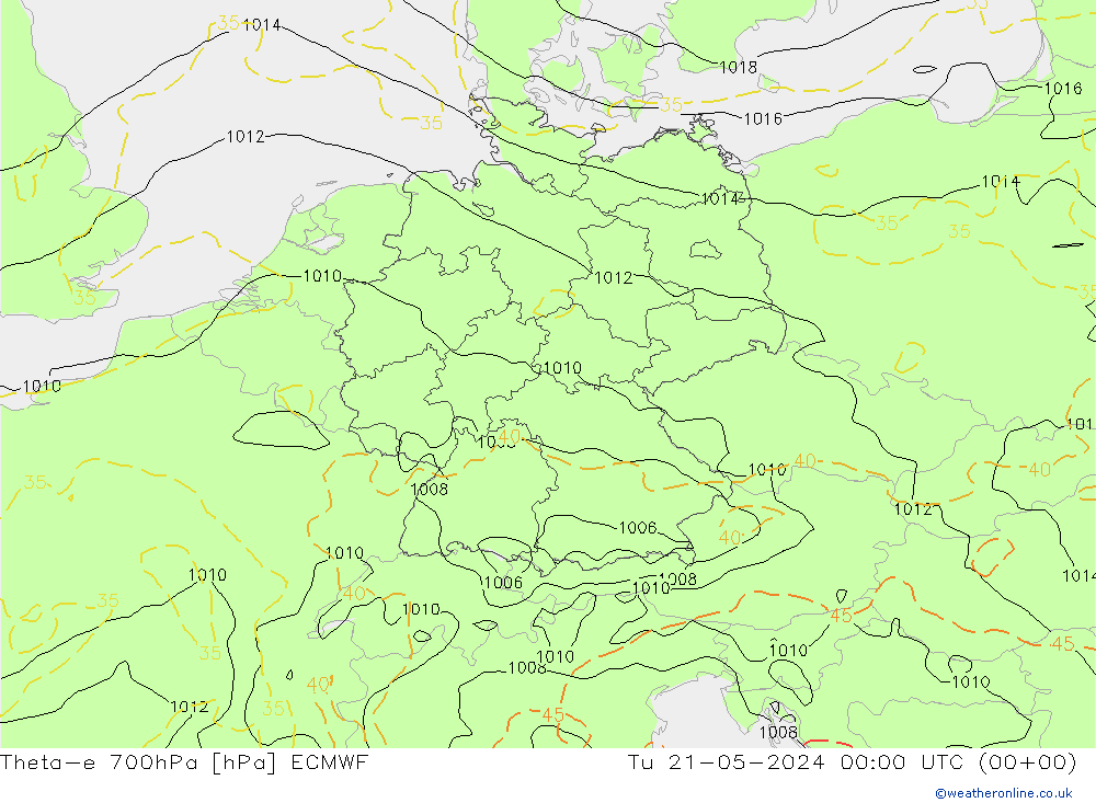 Theta-e 700hPa ECMWF 星期二 21.05.2024 00 UTC