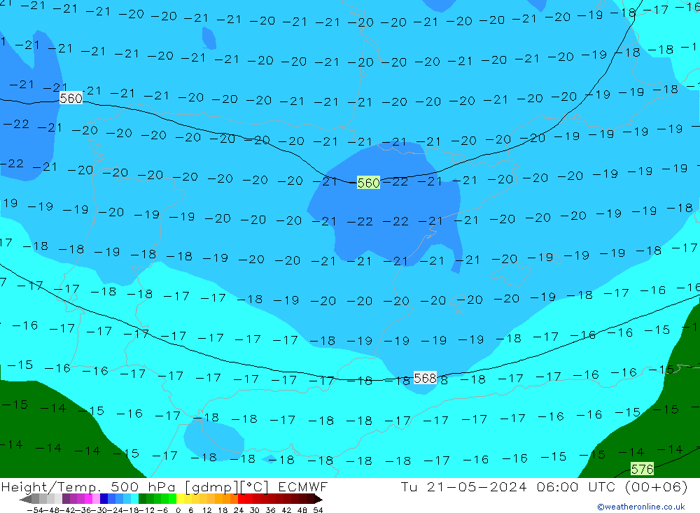 Hoogte/Temp. 500 hPa ECMWF di 21.05.2024 06 UTC