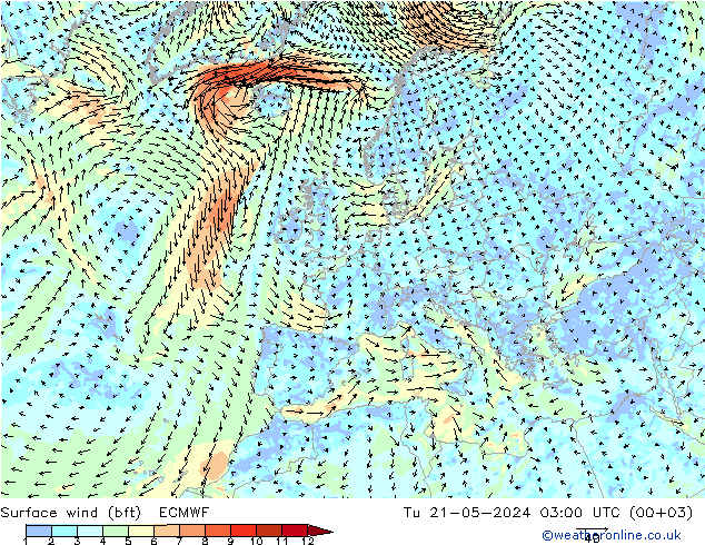 Surface wind (bft) ECMWF Tu 21.05.2024 03 UTC