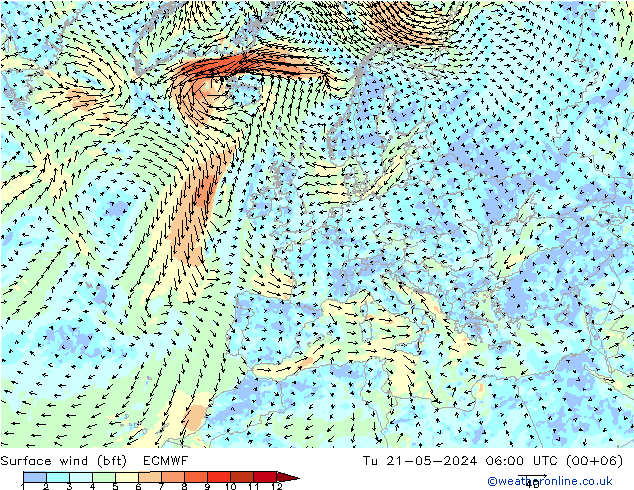 Surface wind (bft) ECMWF Tu 21.05.2024 06 UTC