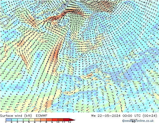 Surface wind (bft) ECMWF St 22.05.2024 00 UTC