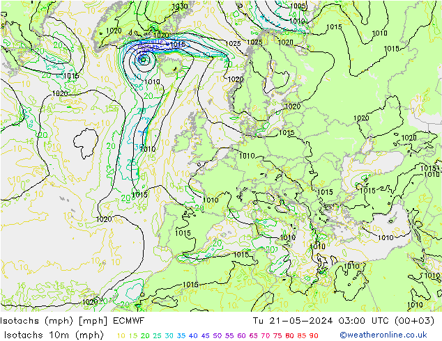 Isotachen (mph) ECMWF Di 21.05.2024 03 UTC