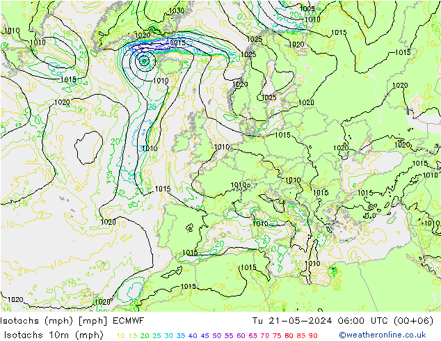 Isotachen (mph) ECMWF Di 21.05.2024 06 UTC