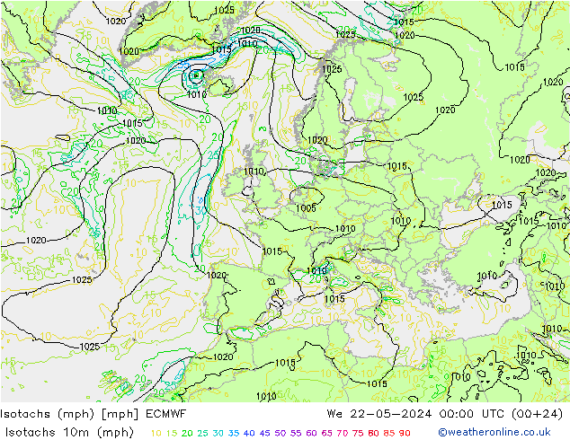 Isotachs (mph) ECMWF We 22.05.2024 00 UTC