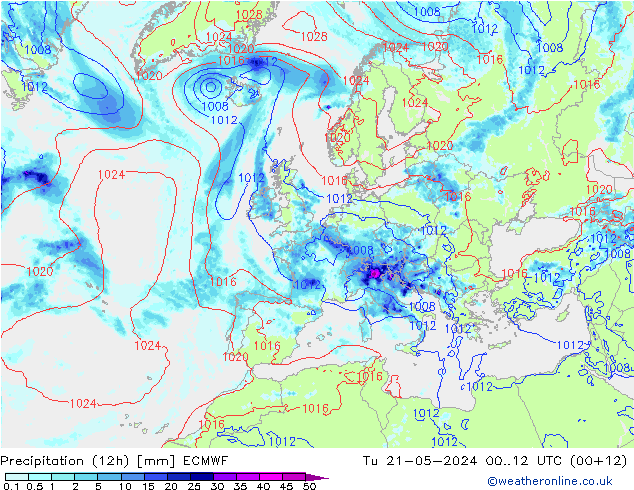 Precipitation (12h) ECMWF Tu 21.05.2024 12 UTC