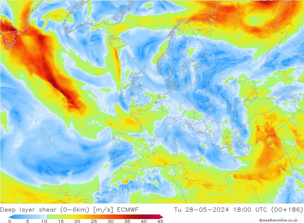 Deep layer shear (0-6km) ECMWF Di 28.05.2024 18 UTC