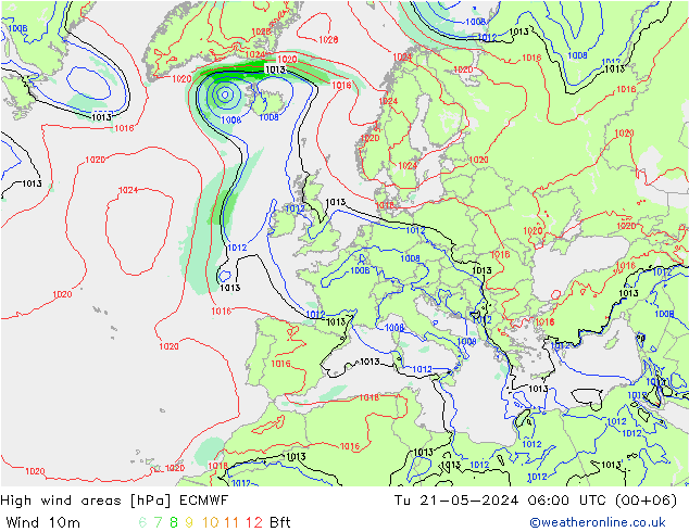 High wind areas ECMWF Út 21.05.2024 06 UTC