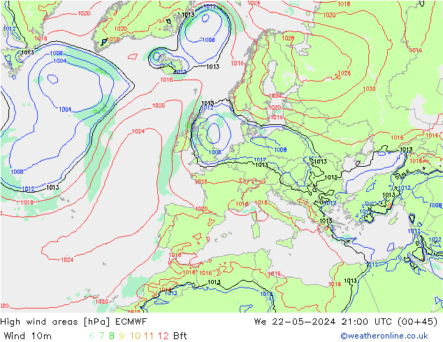 yüksek rüzgarlı alanlar ECMWF Çar 22.05.2024 21 UTC