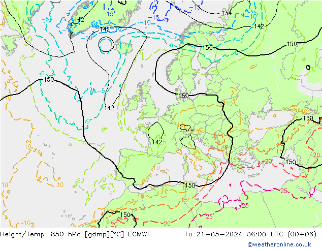 Z500/Rain (+SLP)/Z850 ECMWF Út 21.05.2024 06 UTC