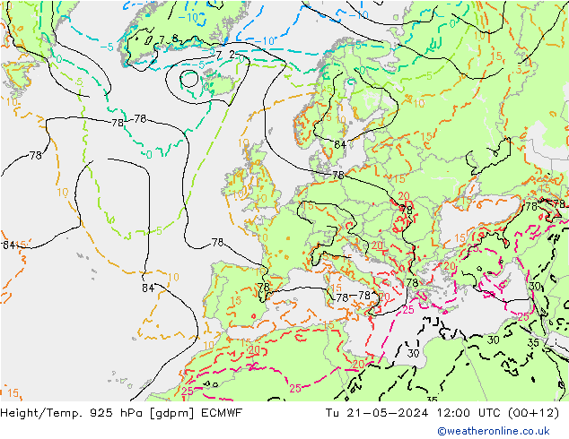 Height/Temp. 925 hPa ECMWF Di 21.05.2024 12 UTC